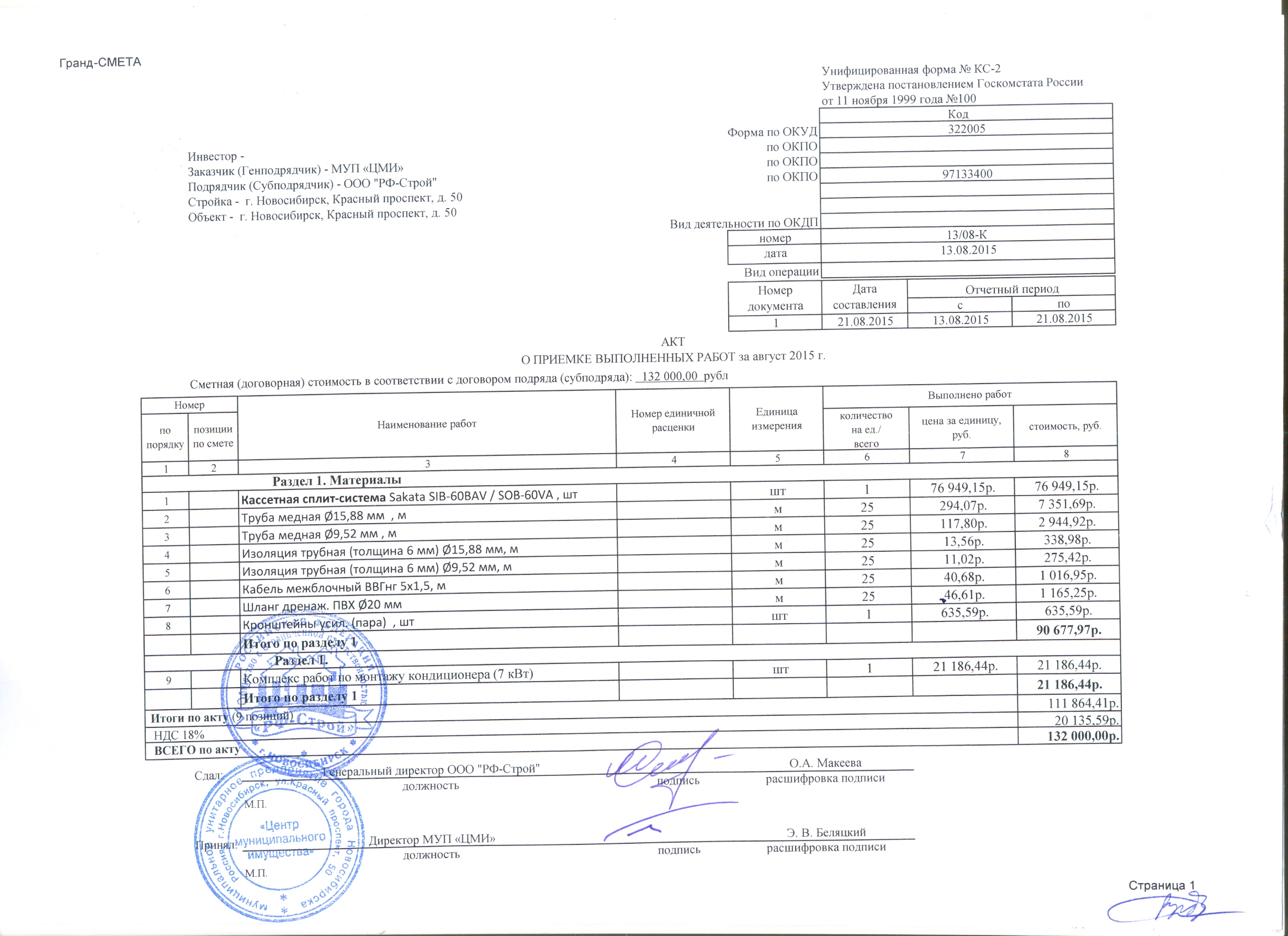 Акт выполненных работ сплит системы образец